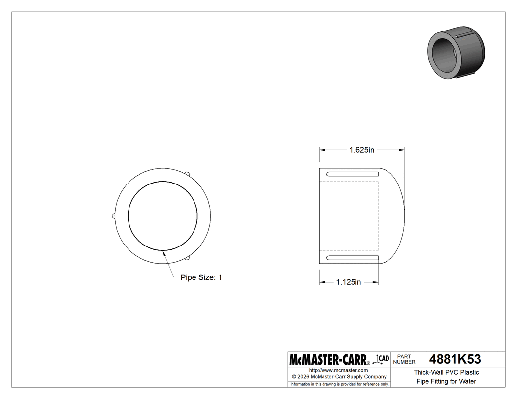 Technical Drawing of Thick-Wall PVC Plastic Pipe Fitting for Water, Cap, 1 Pipe Size Socket-Connect Female.